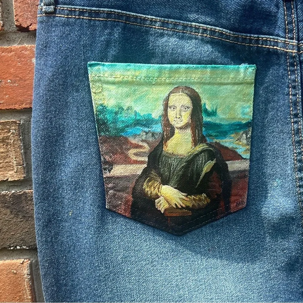 NWT Hand-painted Jessica Simpson Denim Skirt with Mona Lisa Pocket Size 30 - Picture 3 of 6